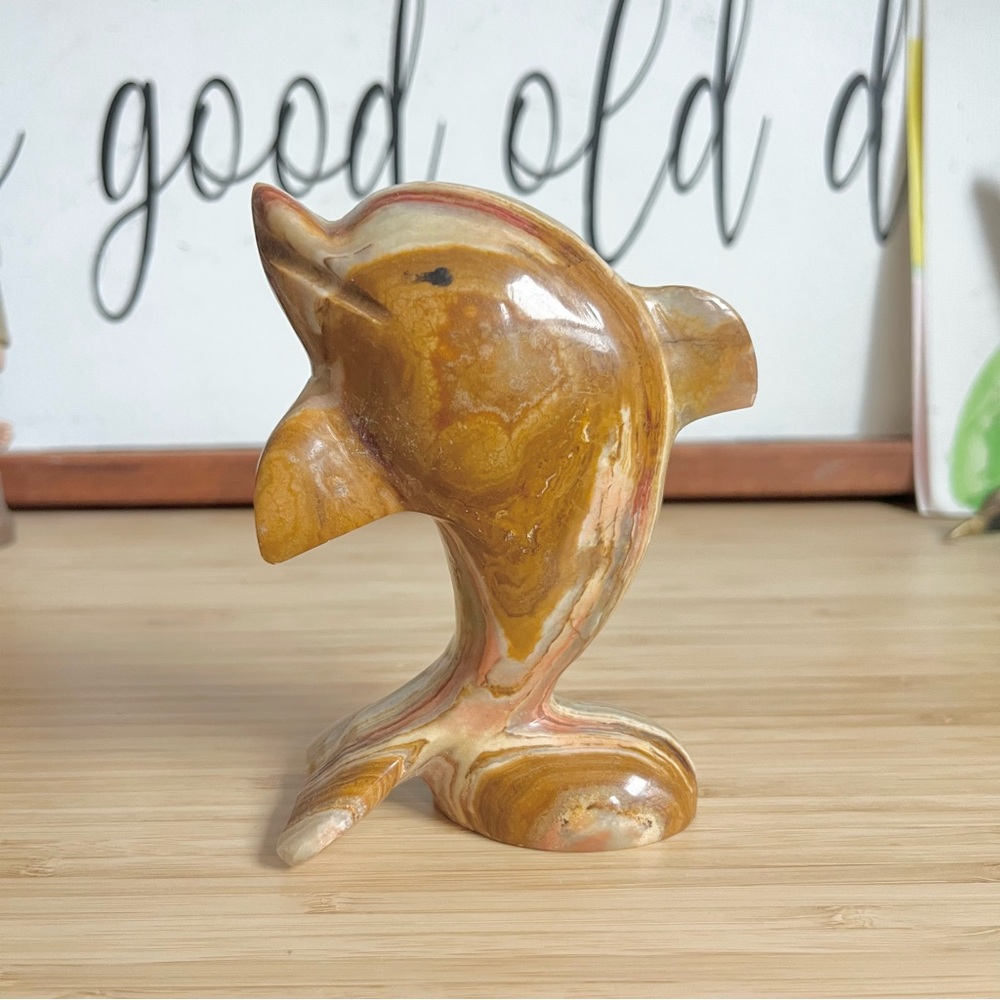 Carved Onyx Stone Dolphin Figurine Natural Brown Cream Colors Art Decor Ocean